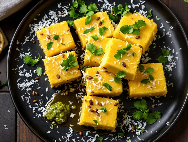 Dhokla de naut cu muștar și curry leaves