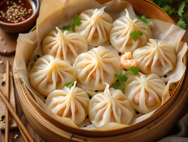 Dim sum festiv cu creveți, porc și coriandru