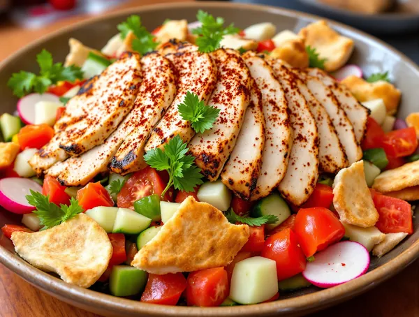 Fattoush cu pui la grătar și pâine crocantă