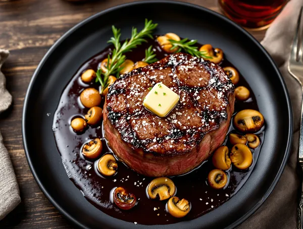 Filet mignon cu sos de vin roșu și ciuperci