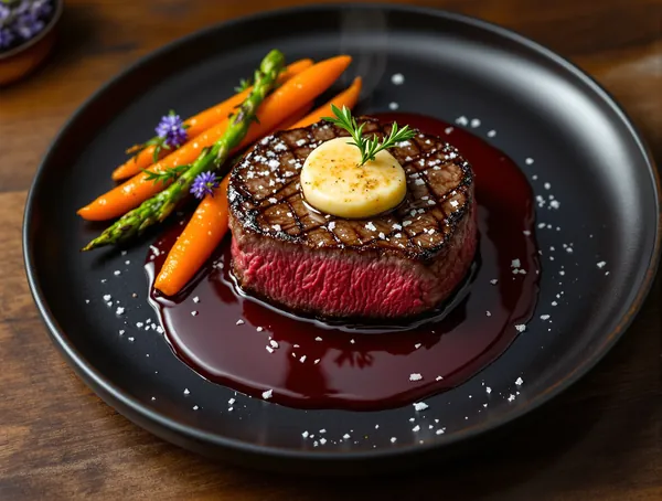 Filet Mignon cu Sos de Vin Roșu și Legume Glazurate