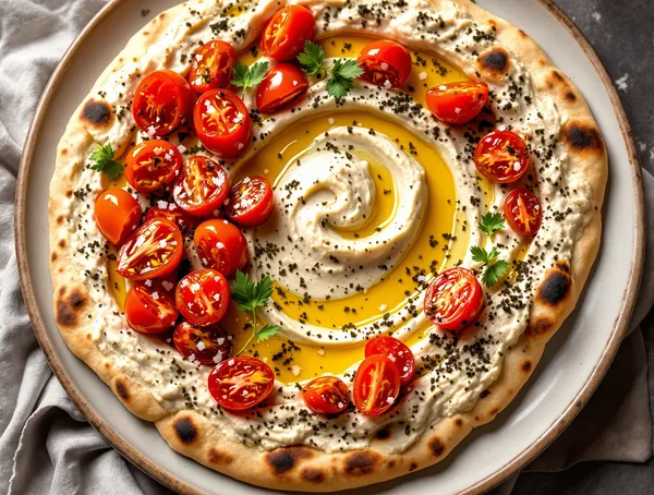 Flatbread cu hummus, roșii și za'atar