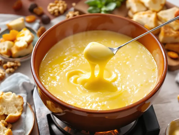Fondue de brânzeturi elvețiene cu kirsch și pâine rustică