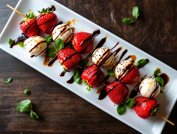 Frigărui de căpșuni cu mozzarella și glazură de balsamic