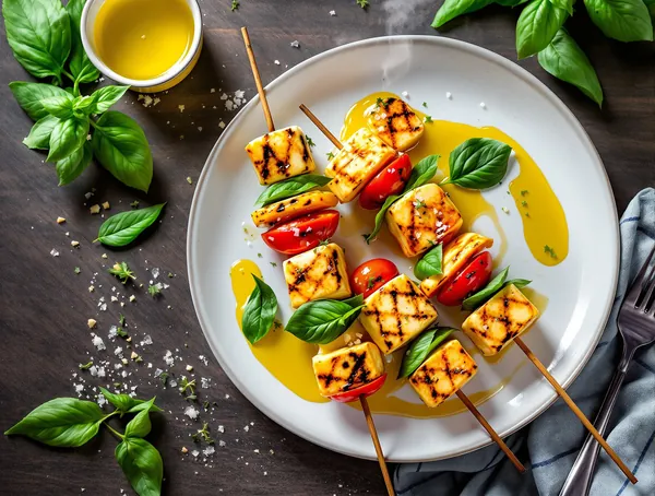 Frigărui de halloumi cu roșii cherry și busuioc
