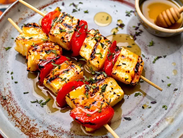 Frigărui de halloumi la grătar cu miere și cimbru