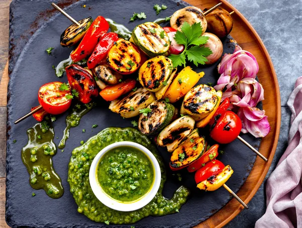 Frigărui de legume marinate cu chimichurri verde
