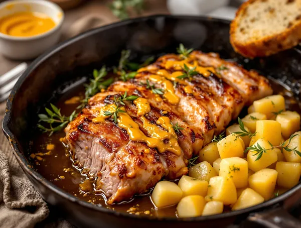 Friptură de porc cu cartofi înăbușiți și muștar
