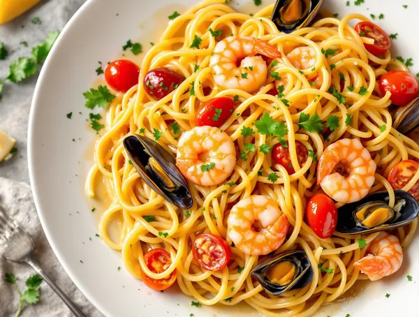 Frutti di mare cu creveți și midii pe paste
