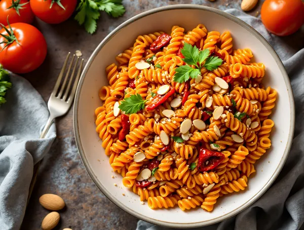 Fusilli cu sos de ardei roșu copt și migdale