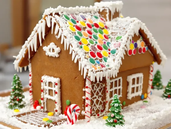 Gingerbread house cu glazură albă și bomboane colorate