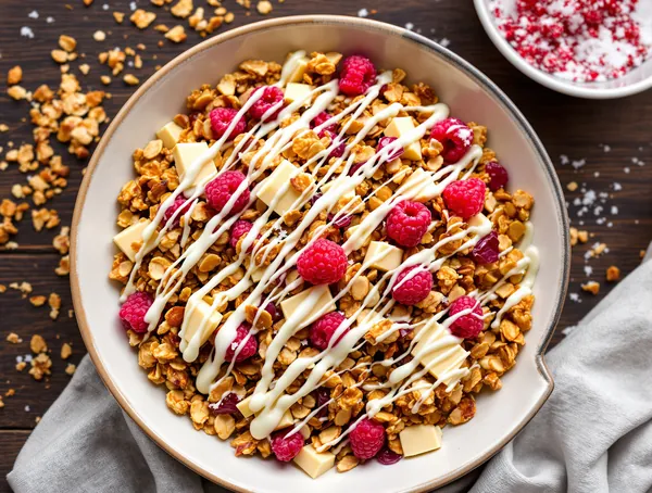 Granola cu ciocolată albă și zmeură liofilizată