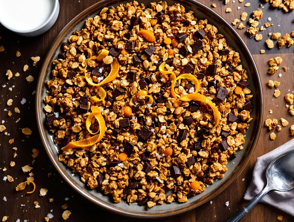Granola cu ciocolată neagră și portocală confiată