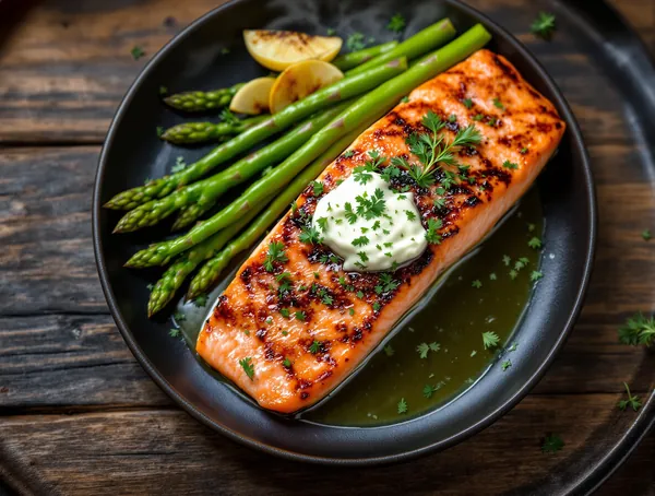 Grilled Salmon cu Unt de Ierburi și Asparagi