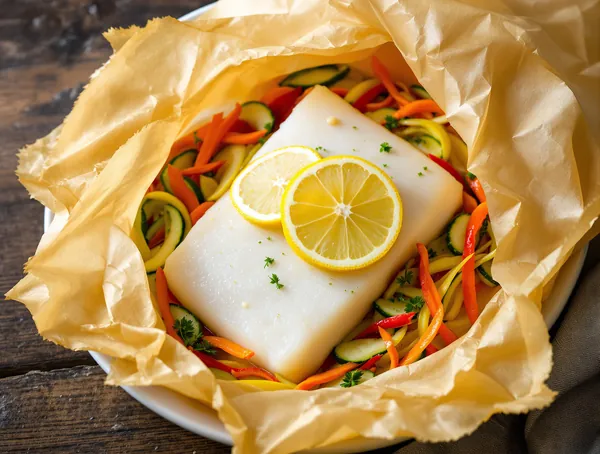 Halibut en papillote cu legume și lămâie