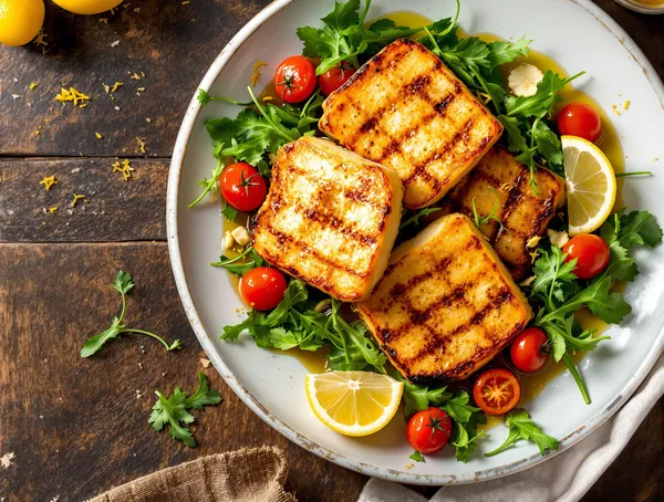 Halloumi prăjit cu roșii cherry și rucola