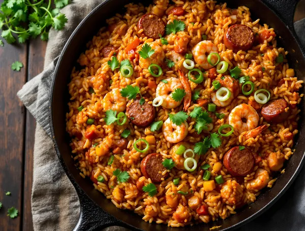 Jambalaya cu cârnați andouille, pui și creveți