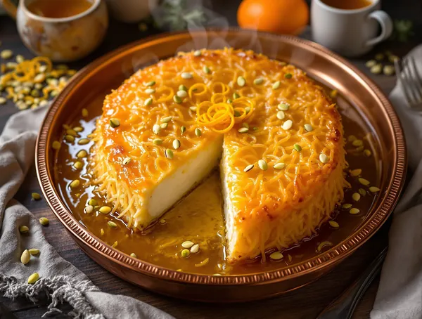 Kanafeh cu brânză și sirop de portocale