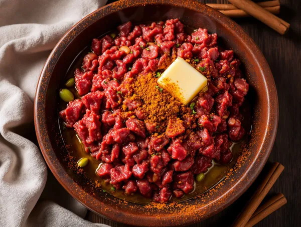 Kitfo cu carne crudă tocată și mitter