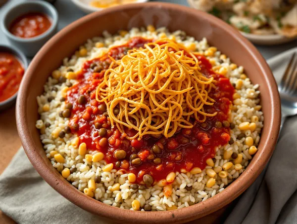 Koshari cu orez, linte și paste în sos de roșii