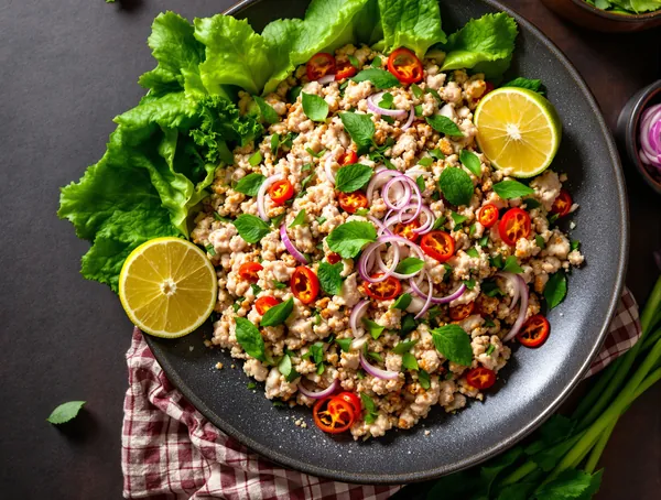 Larb de porc tocat cu mentă și ardei iute