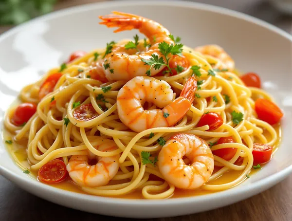Linguine ai gamberi cu creveți și roșii cherry