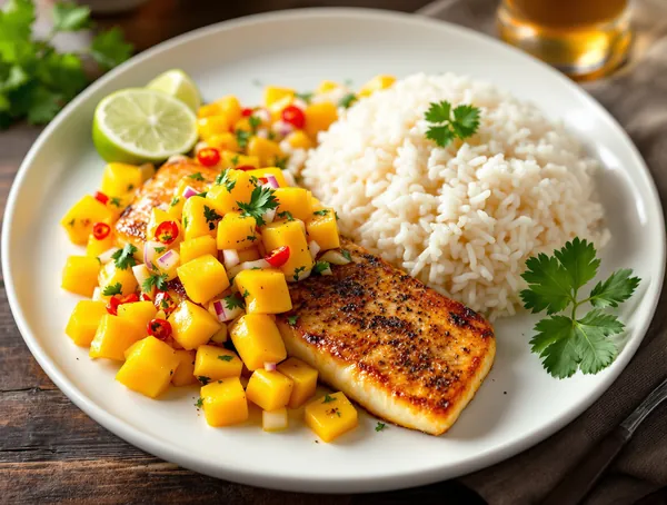 Mahi-mahi cu mango salsa și orez