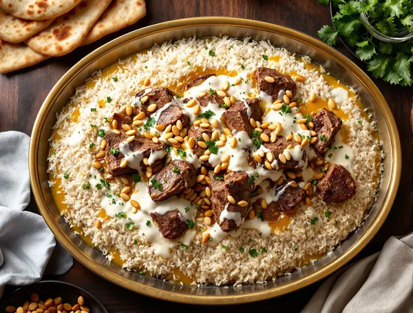 Mansaf iordanian cu miel și sos de iogurt
