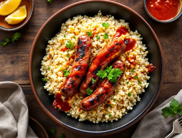 Merguez cu cous cous pufos și sos harissa