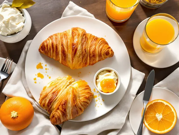 Mic dejun continental cu croissant și gem de caise