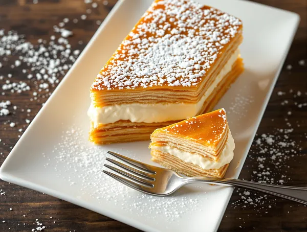 Mille feuille cu foietaj caramelizat și cremă diplomat