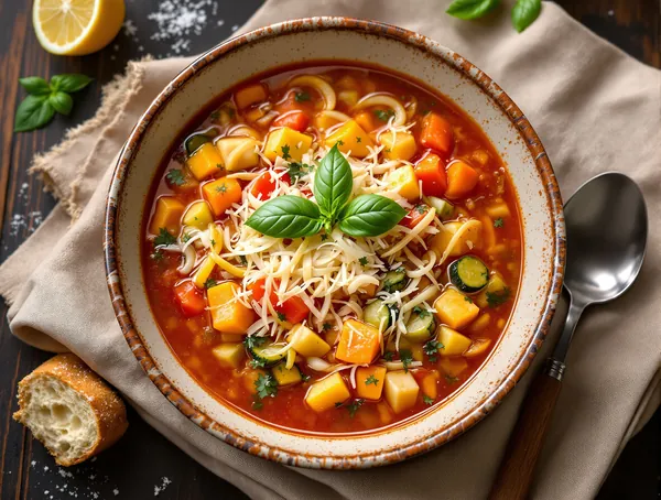 Minestrone italian cu legume proaspete și parmezan