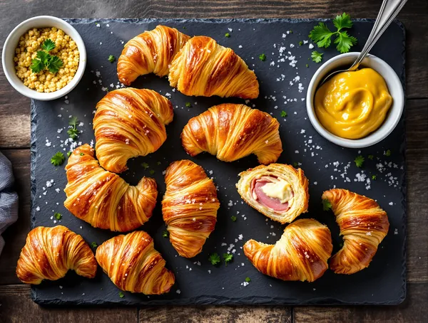 Mini cornuri de croissant cu pastă de șuncă