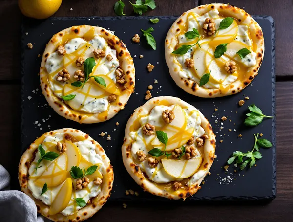 Mini pizza cu gorgonzola, pere și nuci