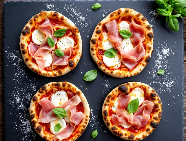 Mini pizza cu mozzarella și prosciutto crudo