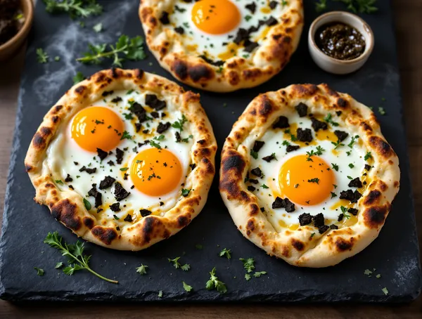 Mini pizza cu trufe negre și ouă de prepeliță
