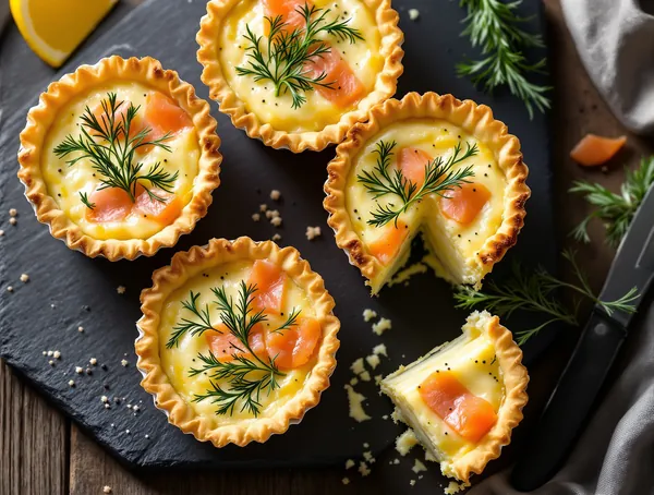 Mini quiche cu somon afumat și mărar proaspăt