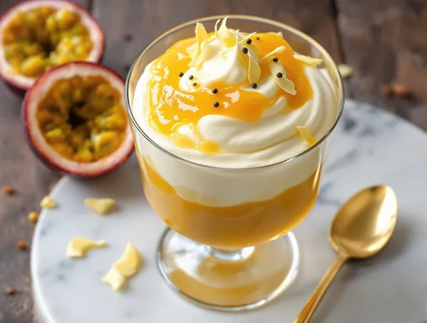 Mousse de ciocolată albă cu fructe de pasiune