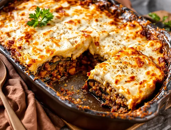 Musaca de vinete cu carne tocată și sos béchamel