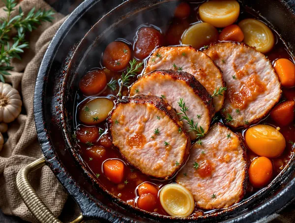 Mușchi de porc înăbușit la ceaun cu vin