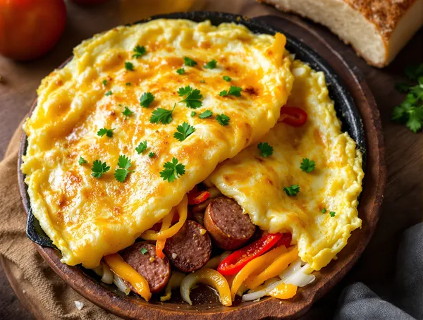 Omletă cu cârnați de casă și ardei