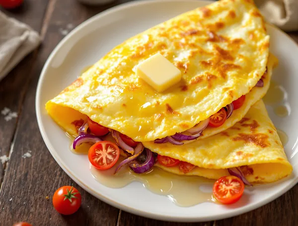 Omletă cu ceapă roșie și roșii cherry