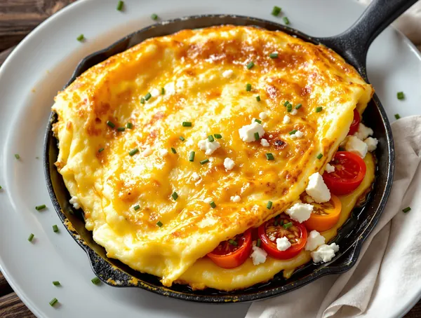 Omletă cu roșii cherry și brânză de capră