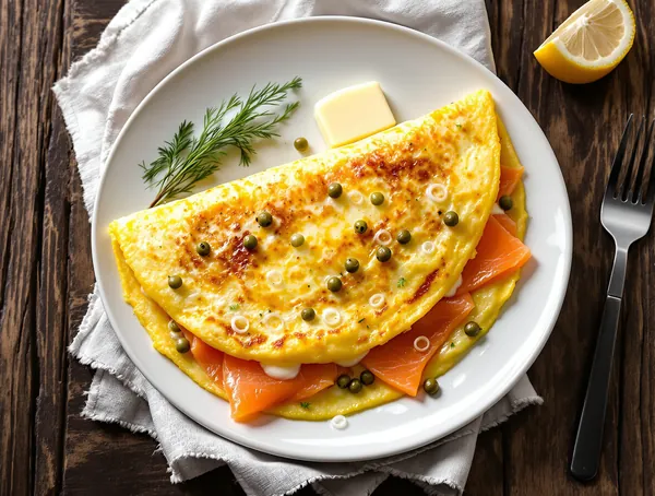 Omletă cu somon afumat și capere