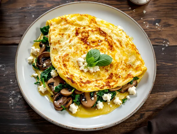Omletă cu spanac, ciuperci și brânză feta