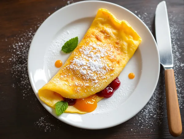 Omletă dulce cu gem și zahăr pudră