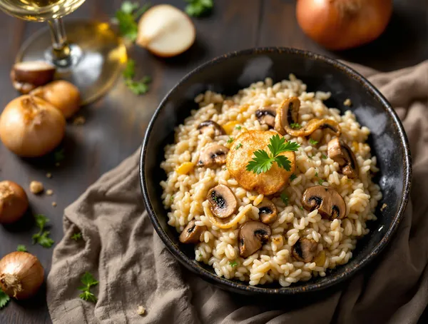 Orez cu ciuperci și ceapă în stil risotto de post