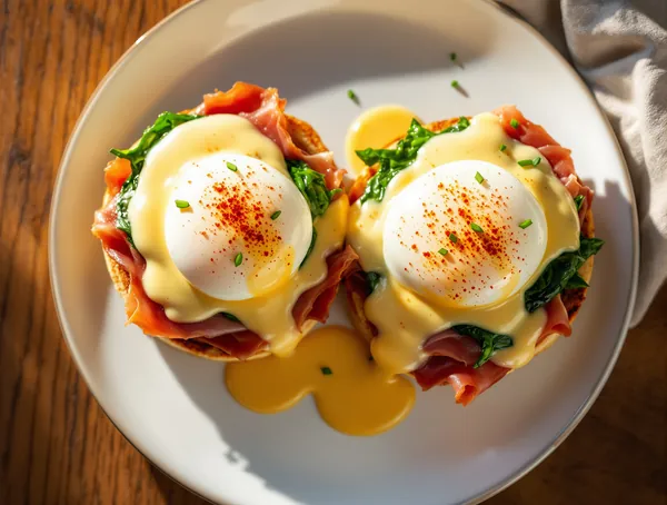 Ouă Benedict cu prosciutto și spanac
