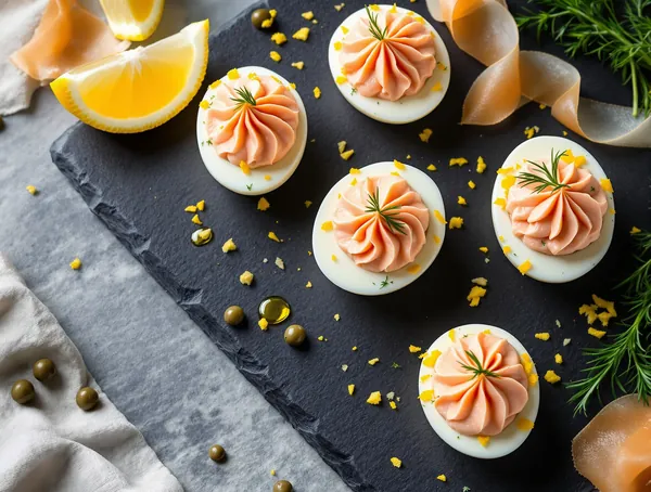 Ouă de prepeliță umplute cu mousse de somon