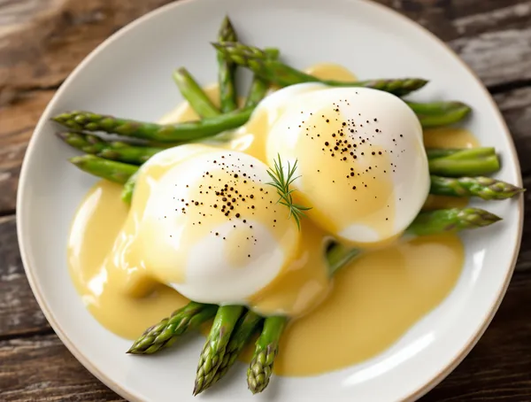Ouă poșate cu asparagus și sos hollandaise